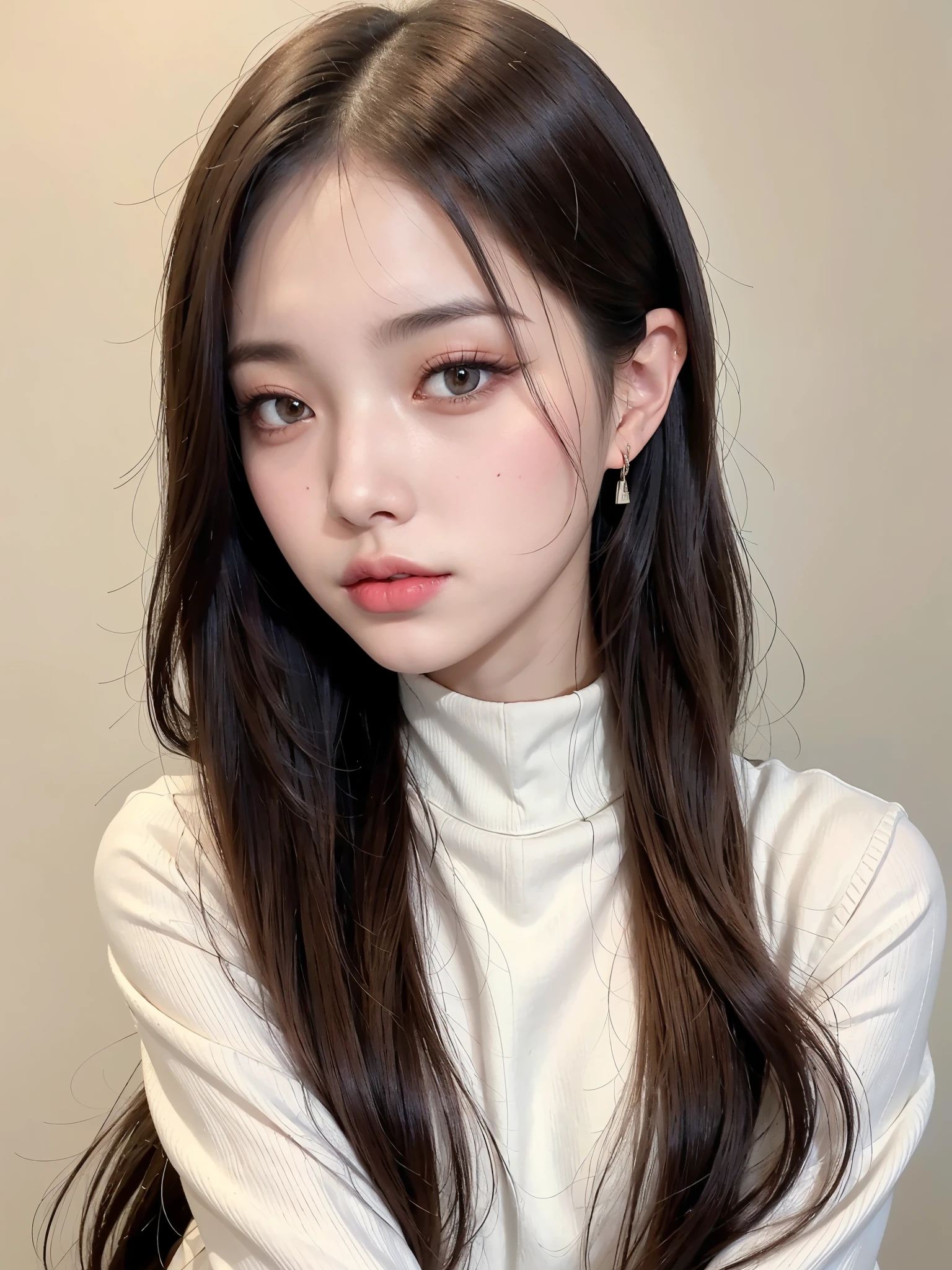 A close-up portrait of a young woman with a calm, soft expression, featuring a minimalistic makeup style and a delicate look. She has flawless, pale skin with subtle blush, and her eyes are emphasized with light brown eyeshadow and slightly extended eyeliner, giving a gentle, wide-eyed effect. Her lips are painted in a muted, peachy-brown color. Her long, straight hair is parted to the side, framing her face naturally. She is wearing a simple black sweater with a soft texture, with one hand gently placed near her chin, showcasing a relaxed and thoughtful pose. The background is plain and neutral, highlighting her delicate and refined beauty