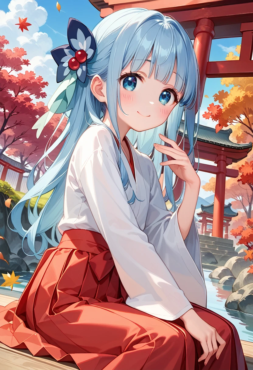 masterpiece, best quality, extremely detailed, (illustration, official art:1.1), 1 girl ,(((( light blue hair)))), ,(((( light blue long hair)))),light blue hair, ,((blush)) , cute face, big eyes, masterpiece, best quality,(((((a very delicate and beautiful girl))))),Amazing,beautiful detailed eyes,blunt bangs((((little delicate girl)))),(((tareme))),droopy eyes.(true beautiful:1.2), sense of depth,dynamic angle,,,, affectionate smile, (true beautiful:1.2),,(tiny 1girl model:1.2),)(flat chest), 、kawaii、shrine maiden、Japan white clothes,Red Hakama、torii gate,((High Position))、A big smile、Ultramammy,, autumn day,kaede、 Pines, Anime Background Art, japanese art style, beautiful anime scene, detailed scenery - width 672, Background art, Anime landscapes, Anime Background, Beautiful anime scenery, Beautiful peace scenes in anime, landscape artwork, Japan Village, Anime landscape concept art, 8K))、a lot of fallen leaves、Water twinkle、Springs in the mountains、Main shrine、chii 