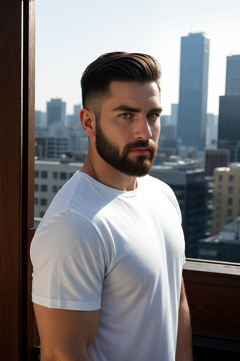 1man, 
a 30 y.o muscular male, small beard, gloomy eyes, blue eyes, undercut haircut, concentrated expression, wearing a shirt, in a roof top,
soft lighting, 
masterpiece, best quality, 8k uhd, dslr, film grain, Fujifilm XT3 photorealistic painting art by midjourney and greg rutkowski