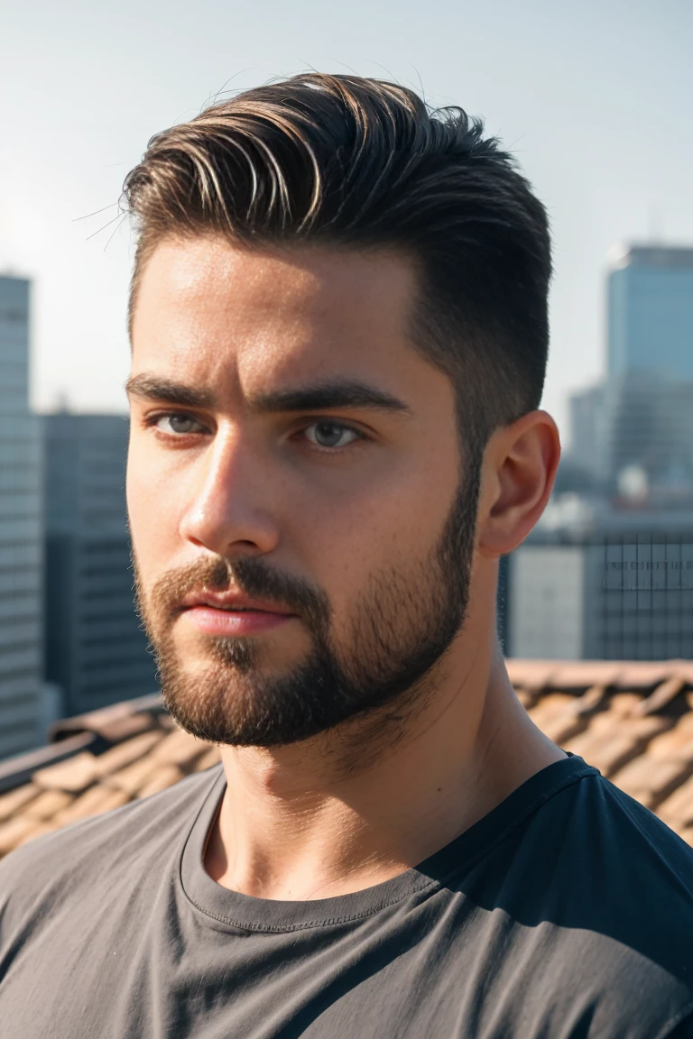 1man, 
a 30 y.o muscular male, small beard, gloomy eyes, blue eyes, undercut haircut, concentrated expression, wearing a shirt, in a roof top,
soft lighting, 
masterpiece, best quality, 8k uhd, dslr, film grain, Fujifilm XT3 photorealistic painting art by midjourney and greg rutkowski