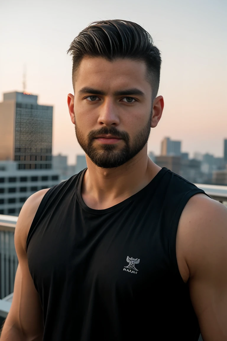 1man, 
a 30 y.o muscular male, small beard, gloomy eyes, blue eyes, undercut haircut, concentrated expression, wearing a shirt, in a roof top,
soft lighting, 
masterpiece, best quality, 8k uhd, dslr, film grain, Fujifilm XT3 photorealistic painting art by midjourney and greg rutkowski