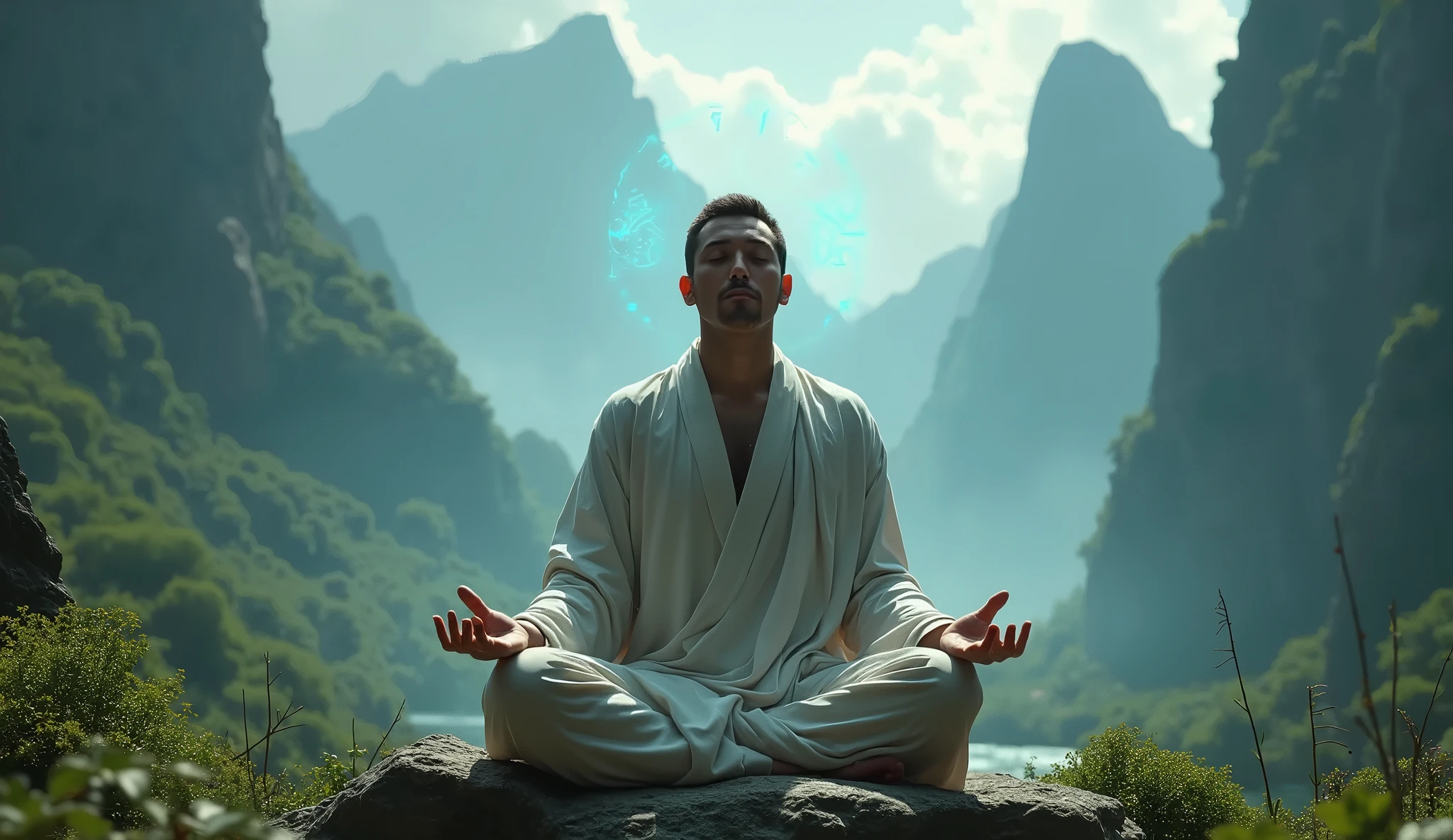 movie character meditating, Surrounded by natural elements and light symbols, convey deep thoughts, self-awareness reflection