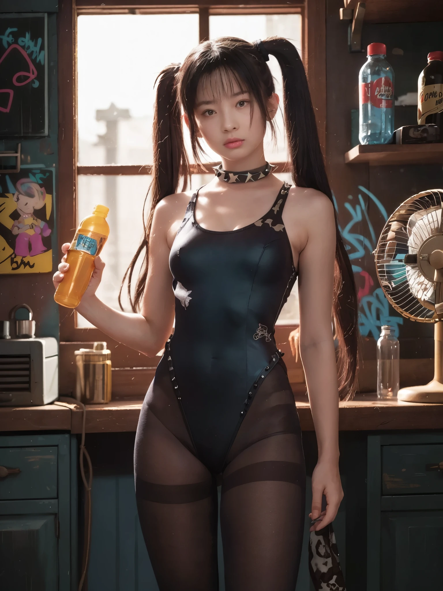 girl, standing, body tilt, holding drinking bottle, leopard tights, leotard, long hair, high twintails, looking at viewer, electric fan, cupboard, collar, spike embellishments, metal spike details, hair strands, (best quality, highres, masterpiece:1.2), cinematic, vibrant cool tone, moody lighting, graffiti,