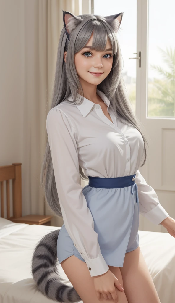 (), ((masterpiece)) , ((best quality)), Illustration, furry, Cat, animal ears, tail, corpo furry, 1 , throw, upper body, 1 , Alone, Long hair, Gray hair, *//*, blue eye, *//*, white blouse, looking at the viewer, smile,