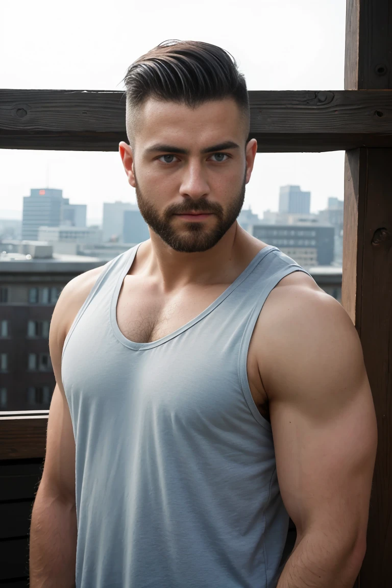 1man, 
a 30 y.o muscular male, small beard, gloomy eyes, blue eyes, undercut haircut, concentrated expression, wearing a tank top, in a roof top
soft lighting, 
masterpiece, best quality, 8k uhd, dslr, film grain, Fujifilm XT3 photorealistic painting art by midjourney and greg rutkowski