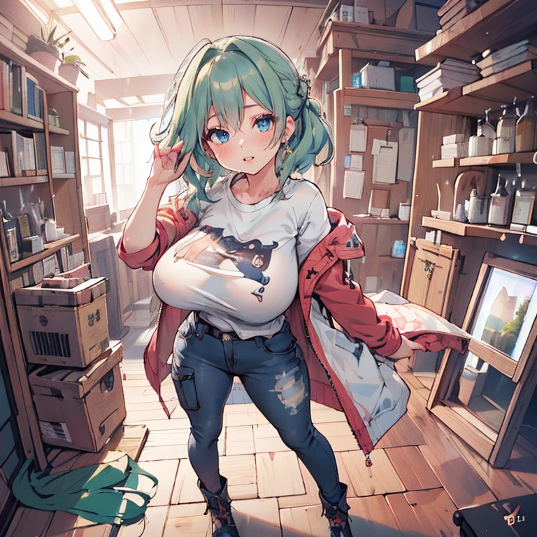 corner of warehouse、beautiful girl wearing glasses、drooping eyes、big breasts、One eye is hidden by hair、low twintails、green hair、Wearing overalls、white t-shirt、standing position、prefab wall、