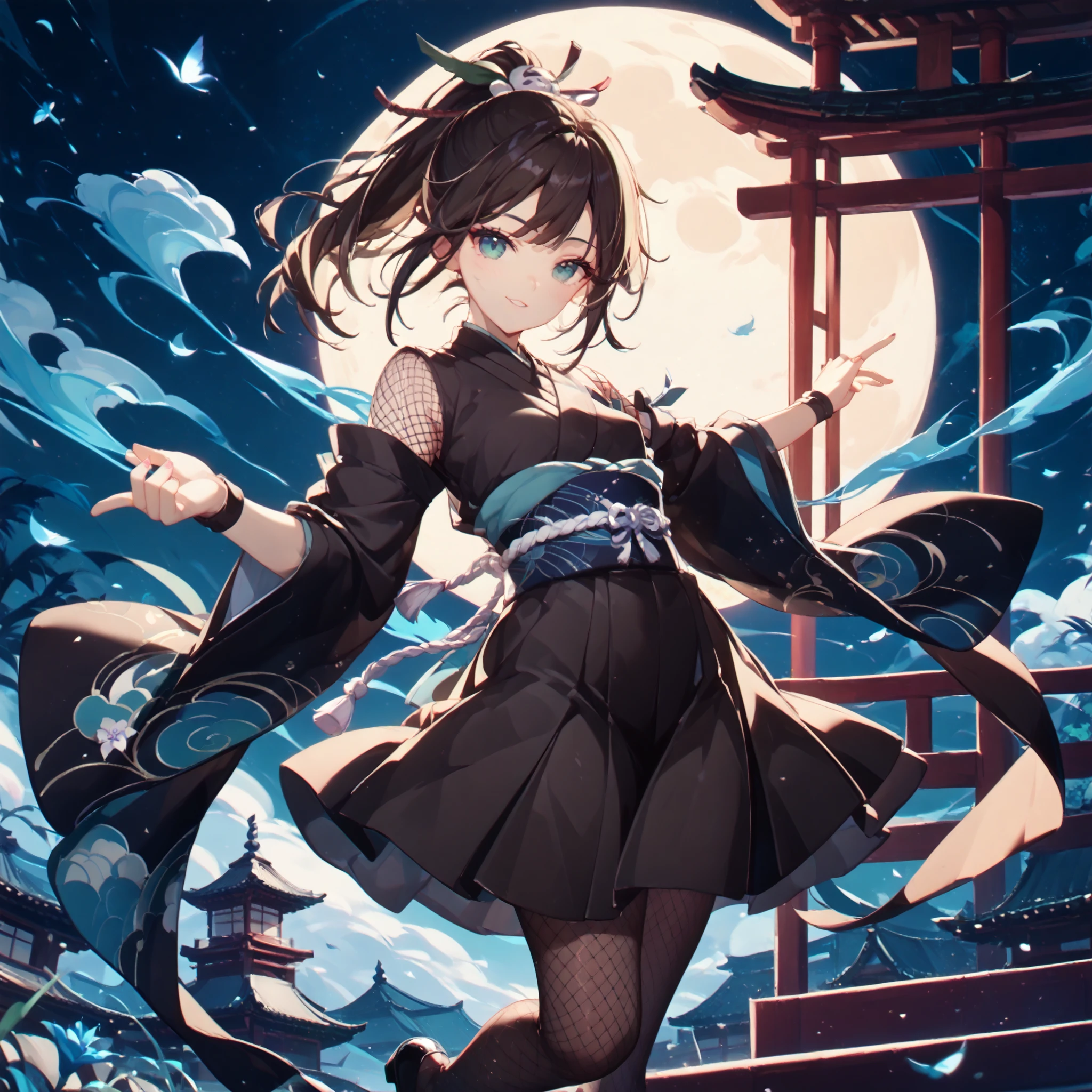 ((((small breast)))), (one girl one man), cute lori, big moon background, small temple silhouettes background, shinobi, kunoichi, free fall pose, small chest, beautiful cyan eyes, dark brown hair, ponytail, (((dark colored kimono skirt with dark blue lily pattern obi))), ((fishnet arm sleeve)), ((gloves)), ((wielding a katana)), (((wearing japanese mask on top of the head))), full body view, high definition, masterpiece, Short haired teen girl, dark brown hair, ((ponytail hair)), beautiful cyan eyes, (cute wink), wearing a cute necklace, ((((black waist-high pantyhose)))), 