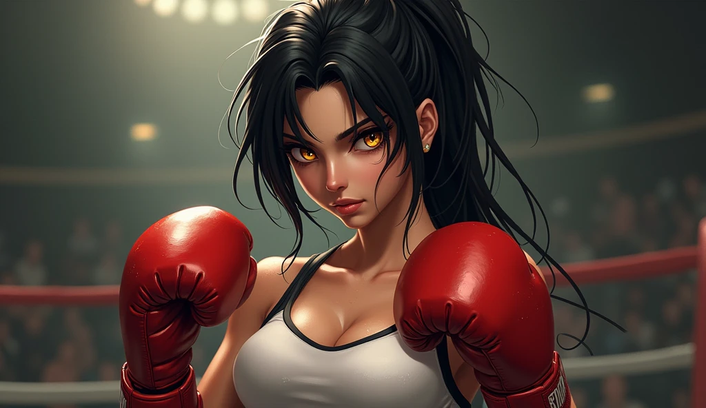 ((Masterpiece)) ((Ultra-detailed)) Azula matatabi, mommy hairtied, boxing bra and shortpant, peekaboo stance, at boxing ring