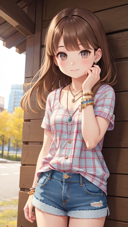 1girl jewelry plaid plaid shirt solo bracelet necklace denim denim shorts realistic shorts brown hair