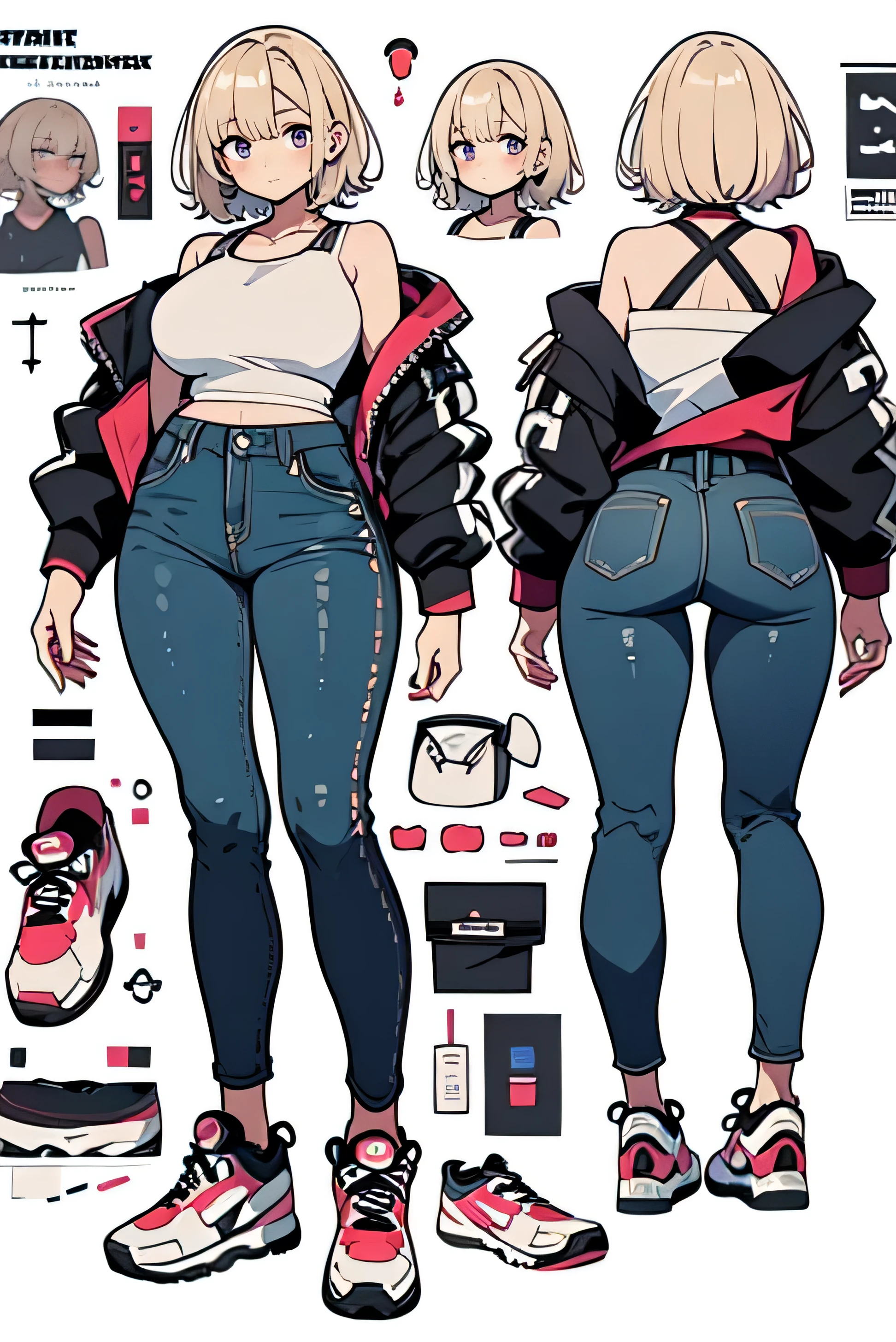 longeyelashes, Full Body Design, Concept Art, Character Design, Anime Art, Private Server, sneakers, stylish, sporty, jeans, Tight tops, sexy, thick thighs, huge ass, whole body, Front View, modern style, Simple Background, Character Sheet, surrealism, drop shadow, anaglyph, stereogram, tachi-e, throw, atmospheric perspective, 8k, super detail, best quality