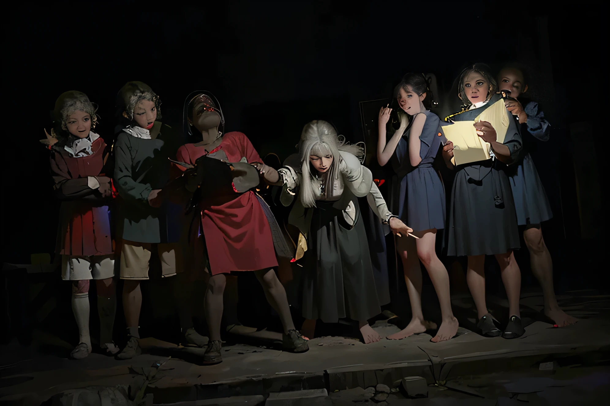 (Best quality, 8k, 32k, Masterpiece, UHD:1.2) "Set the scene inside an old, decrepit mansion, inspired by eerie Asian horror films. The dimly lit room is filled with cracked wooden floors and walls stained with time, where ancient scrolls and paper screens hang, torn and decaying. A layer of dust blankets the surface, and old furniture is scattered in disarray, covered in dark, ominous shadows. In the center of the room stands a girl, her expression frozen in terror, her figure partially illuminated by flickering candlelight. In the darkened corner, a creepy white lady ghost materializes from smoke and shadows, her hair long and black, floating unnaturally around her pale, gaunt face. Her eyes are hollow, and her expression is one of silent torment. The ghost's body drifts like mist, blending into the shadows of the room, as if she is part of the darkness itself. The atmosphere is chilling and unsettling, with the faint sound of wind howling through the cracked windows. The air feels heavy, damp with the scent of mold, and the walls seem to breathe. Everything in the scene evokes a haunting, terrifying aesthetic, amplifying the sense of dread and fear lurking within the cursed mansion." ((scared)) ((ghost))