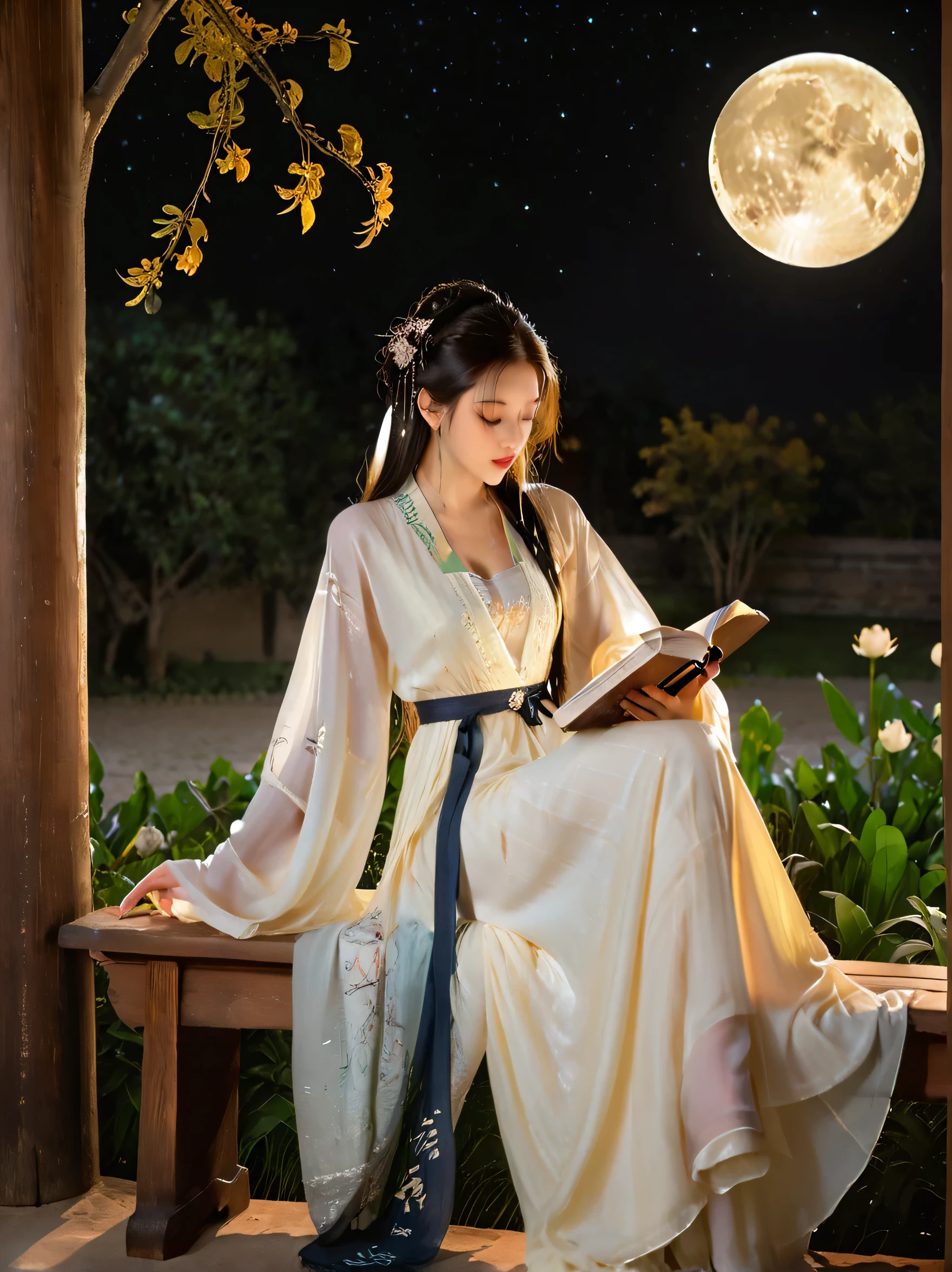 Dunhuang art style, Extremely long-distance lens, A beautiful girl, Perfect face, Pretty Face, Wearing traditional silk dress, Standing on an ancient soft scroll with golden ancient texts, Zen style, Bright Star, Light and Shadow, Ancient White, epic, Extremely delicate brushstrokes, Reality, Photographed by DJI, illustration, UHD, masterpiece, accurate, anatomically correct, textured skin, super detail, 8k.In a tranquil garden bathed in soft moonlight, a beautiful young woman sits on a wooden bench, deeply engrossed in reading "Drinking Alone Under the Moon" by Li Bai. She is dressed in a flowing white silk dress that shimmers in the moonlight, accented with delicate lace at the sleeves and hem. Her long hair cascades down her back, adorned with small silver hairpins shaped like moons.

The girl is positioned gracefully, one leg tucked beneath her, as she leans slightly forward, her fingers gently tracing the text on the page. Her expression reflects a mix of nostalgia and contemplation, capturing the essence of the poem's themes of solitude and connection with nature.

Around her, the garden is alive with blooming flowers and the soft rustling of leaves. The moon hangs low in the sky, casting a gentle glow over the scene, while a nearby pond reflects the luminous light. The atmosphere is serene and poetic, embodying the spirit of the poem as the girl revels in the beauty of the moment and the timeless connection with the moon and the past.