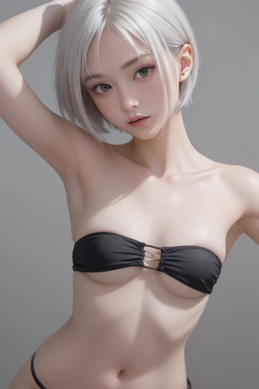 ((Small breasts:1.3))、 ((Bare Armpits:1.6))、(Black strapless micro bikini:1.7),(Sexy pose:1.3)、Natural Shading、((Thin pubic hair))、K-POPアイドル)Serene and happy like a goddess、(((Exposing the breasts、Nipples)))、(((Between the legs,Cracks)))、Looking at the viewer with your whole body、((Small breasts:1.3))、Natural Shading、((Thin pubic hair))、K-POPアイドル)Serene and happy like a goddess、(((Exposing the breasts、Nipples)))、(((Between the legs,Cracks)))、Looking at the viewer with your whole body、((Small breasts:1.3))、Natural Shading、((Thin pubic hair))、((Japanese Idols))、Serene and happy like a goddess、(((Exposing the breasts、Nipples)))、(((Between the legs,Cracks)))、Looking at the viewer with your whole body、((:1.3))、Natural Shading、((Thin pubic hair))、Japanese Idols)Serene and happy like a goddess、(((Exposing the breasts、Nipples)))、(((Between the legs,Cracks)))、Looking at the viewer with your whole body、((((Beautiful bob cut white hair))))、((White haired Japanese woman)))、(Short bob cut gray hair:1.5)、masterpiece, Best Quality, 8k, Absurd, (Upper Body:1.4), beautiful girl, Beautiful Face, Observe the audience, Laughter, Surreal, High resolution, photograph, Film Grain, chromatic aberration, Sharp focus, High resolution, Face Light, Dynamic lighting, Cinema Lighting, Professional Shadow, Simple Background, (Dull grey background:1.4), Most detailed, Very detailed, Very detailed, finely, real skin, Delicate features, Detailed face and eyes, Sharp pupils、Realistic student、(Korean、Japanese、Chinese:0.4)