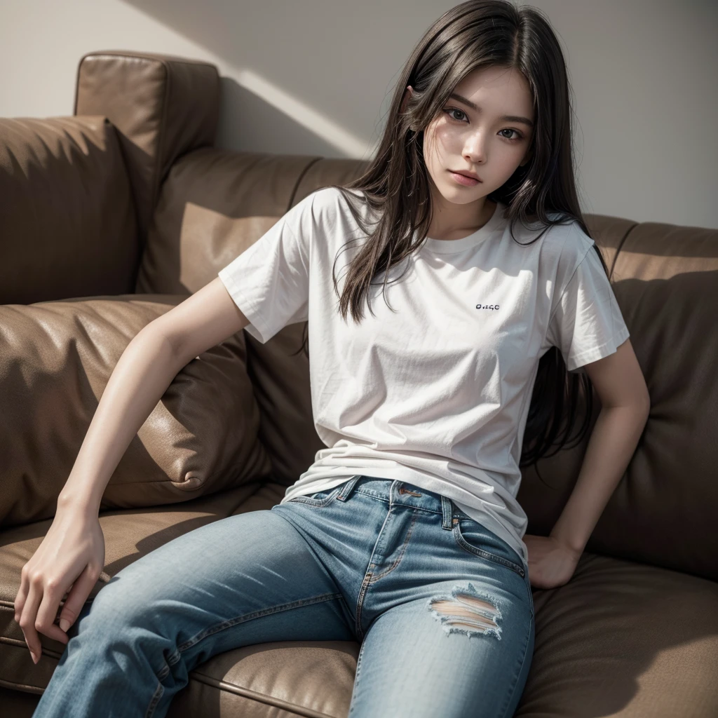 A woman who is,full bodyesbian,White color blouse,a black trench coat,blue denim pants,White cotton socks,cabelos preto e longos,Lie down in bed,Realistic painting style,Crown on head,Feet up
