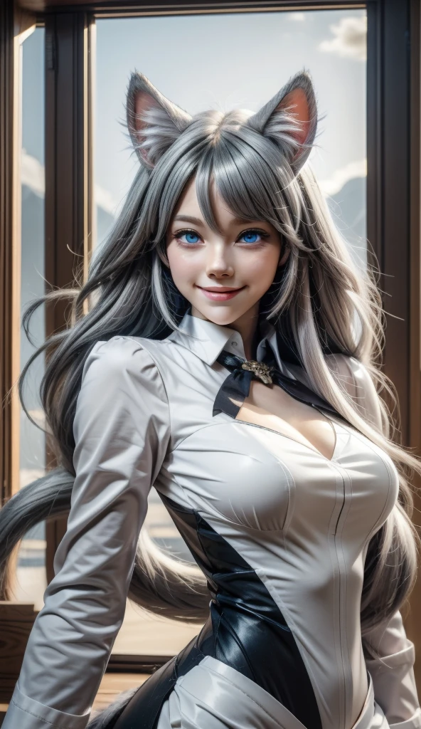 masterpiece, Superior image quality, High resolution, 4k image,photo and gross, photorealistic, whole body, 1 girl,  standing, pose sexy, {{{vagina}}}, big breasts, beautiful face, wolf ears, long black hair, blue eyes, very detailed eyes, seductive expression, draw smile, choker:1.6, (white long sleeve button down shirt with white collar), black gloves, (black leather corset), (shiny black leggings), Sensual Lips,  View from the front, library, at daytime