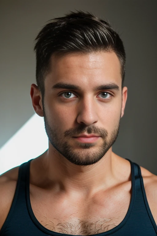 1man, 
a 30 y.o muscular male, small beard, gloomy eyes, blue eyes, undercut haircut, concentrated expression, wearing a tank top, in a roof top
soft lighting, 
masterpiece, best quality, 8k uhd, dslr, film grain, Fujifilm XT3 photorealistic painting art by midjourney and greg rutkowski