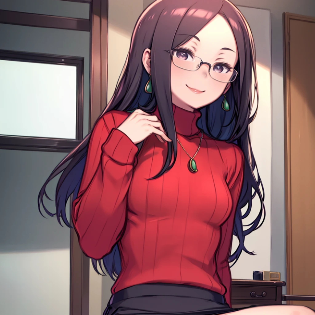 Very detailed, High image quality, masterpiece, beautiful, Minazuki Kyouko, Glasses, Earrings, necklace, (Red sweater:1.3), turtleneck, White, Black mini skirt, One girl and one, Kabedon Pov, Watching the audience, (Provocative smile, :1.3)