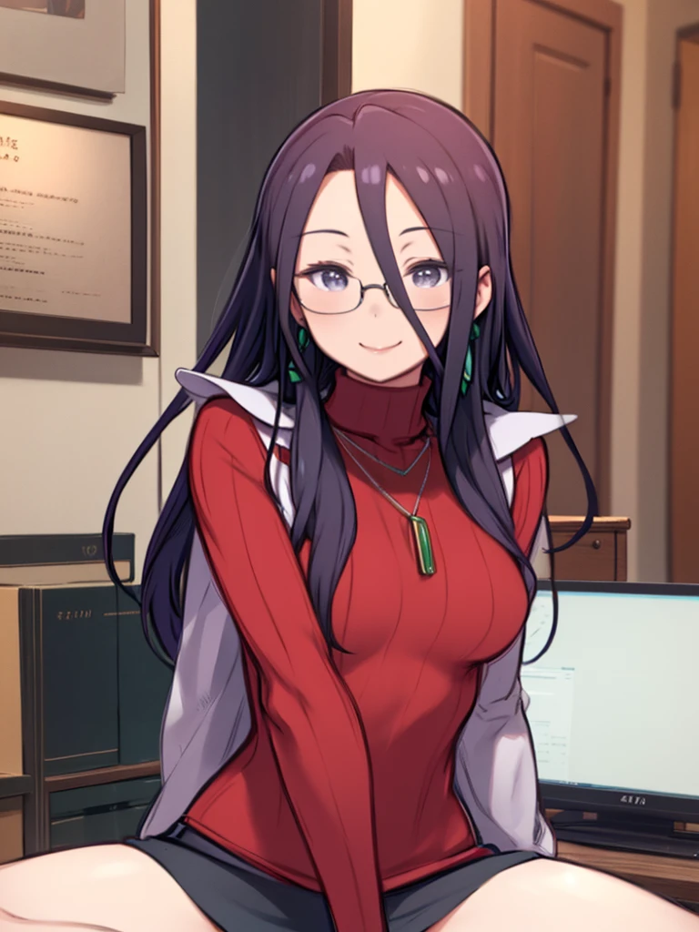 Very detailed, High image quality, masterpiece, beautiful, Minazuki Kyouko, Glasses, Earrings, necklace, (Red sweater:1.3), turtleneck, White, Black mini skirt, One girl and one, Kabedon Pov, Watching the audience, (Provocative smile, :1.3)