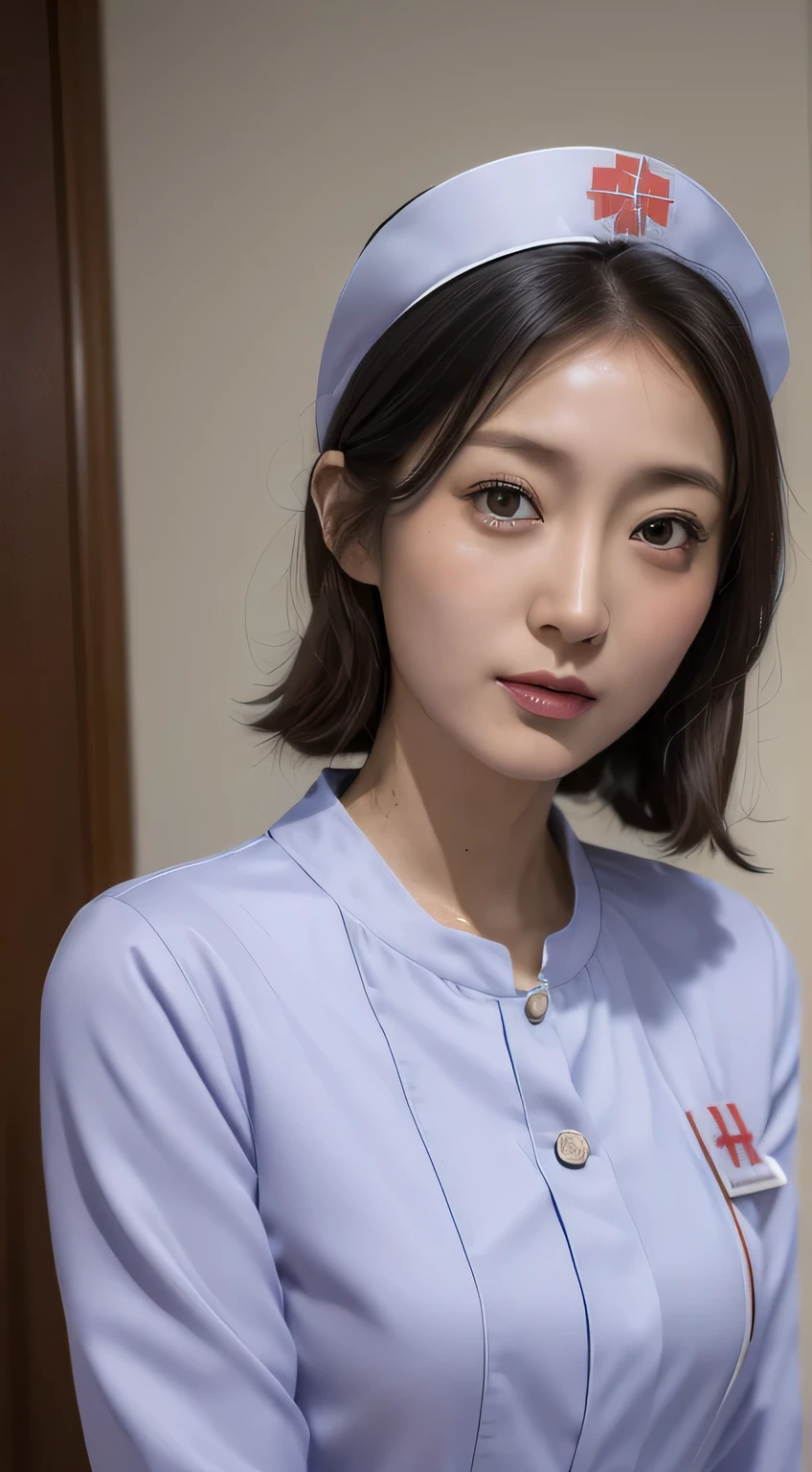 ((Best Quality, 8k, Masterpiece 35mm lens, Highly realistic photos, High resolution, Detailed face, Detailed skin, masterpiece)), Natural Light, close up shot, (beautiful Japanese female nurse), (realistic nurse uniform dress:1.5), 40 years old, Petite, small, very thin, Narrow waist, Thin face, eyes seeing the lens, 