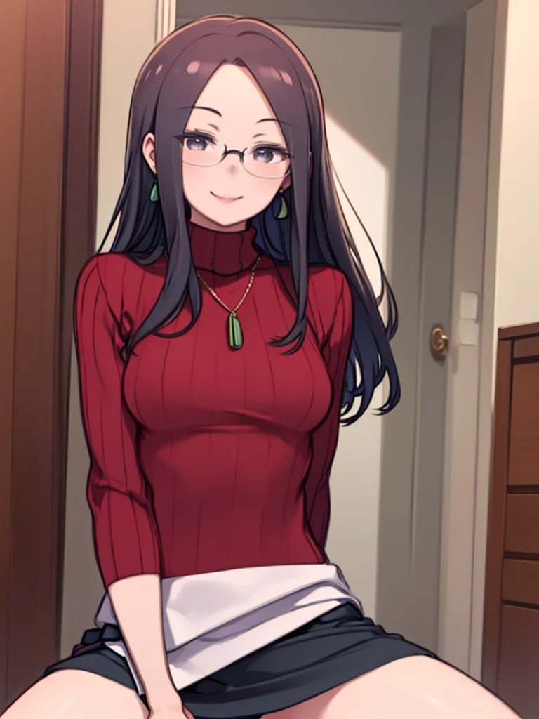 Very detailed, High image quality, masterpiece, beautiful, Minazuki Kyouko, Glasses, Earrings, necklace, (Red sweater:1.3), turtleneck, White, Black mini skirt, One girl and one, Kabedon Pov, Watching the audience, (Provocative smile, :1.3)