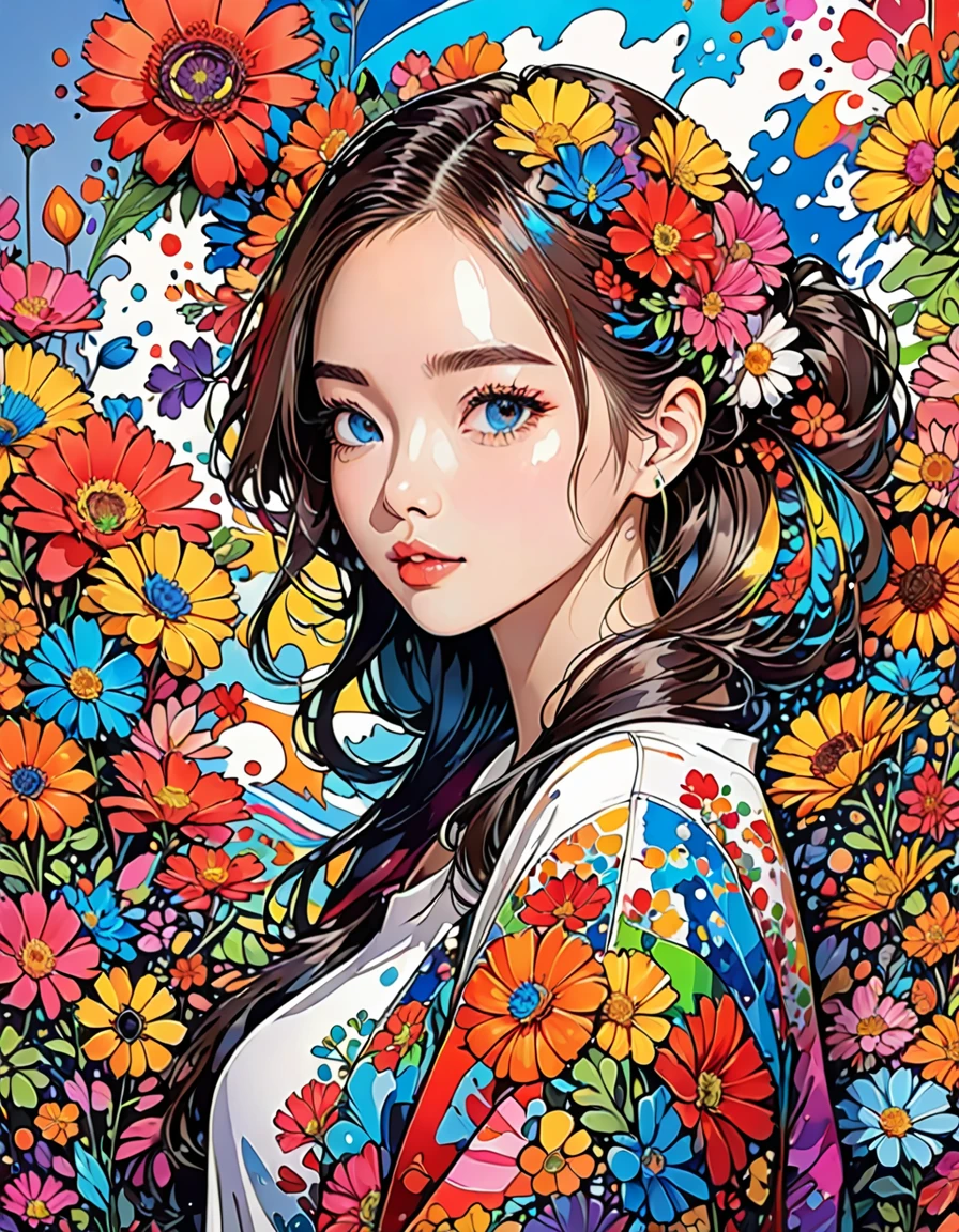 Hiromi Matsuo Style、(((stylishなファッション))), 8K quality、Intense watercolor, detailedな水彩画, Watercolor splash, Surreal, Avant-garde pop art, Beautiful expressive painting, Beautiful artwork illustration, Very colorful shades, wonderful, Cool Beauty, Please redeem、official art, Vector art, stylish design, (((The most beautiful girls))), (((Please redeem))), High resolution, ((detailed)), (((Doodle Art)), ((masterpiece)), ((Super detailed)), (((Colorful flowers))),(((stylish)))
