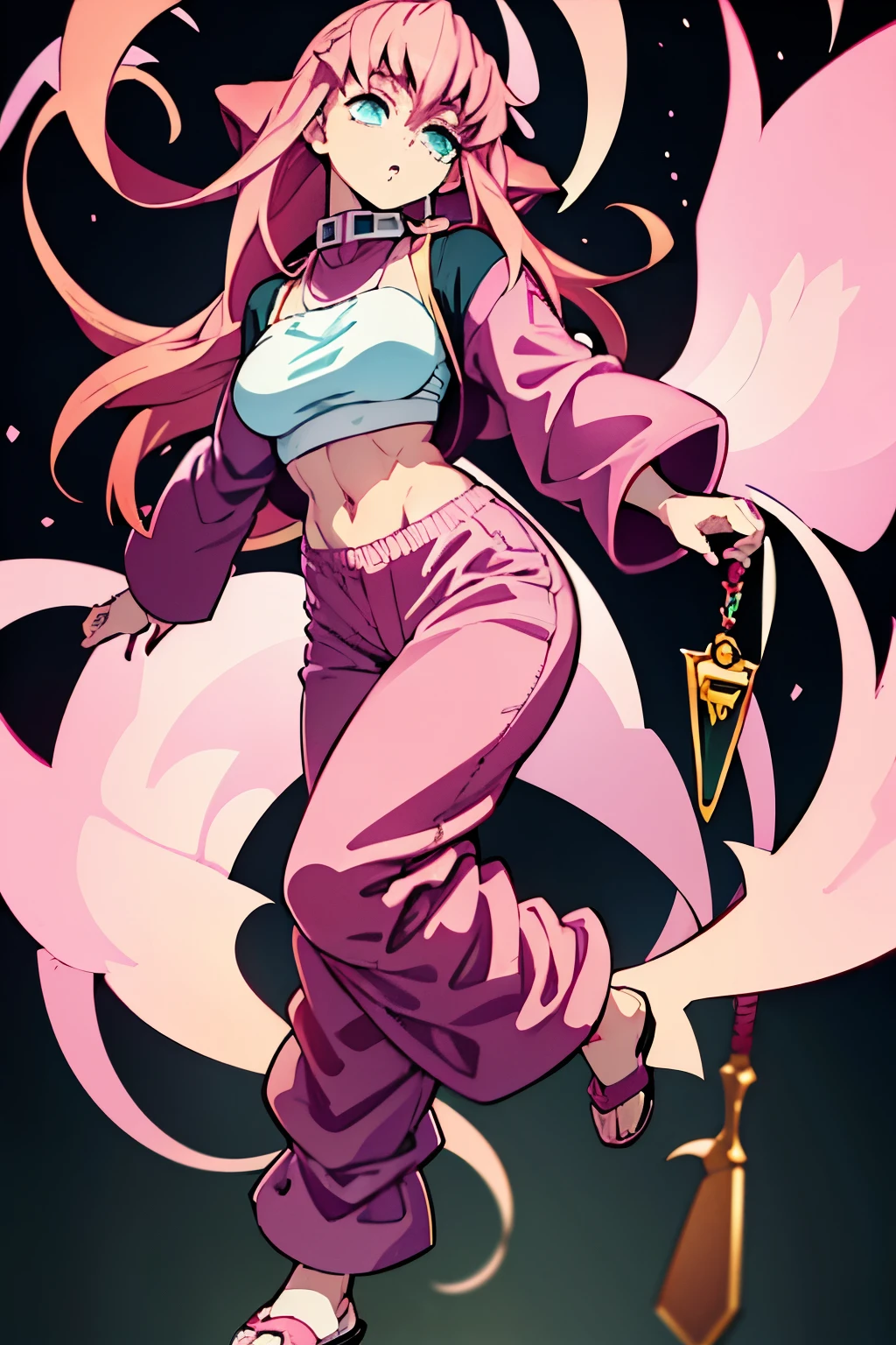 Create a full-body anime female with H cup breasts wearing pink baggy pants and a pink long-sleeved shirt. 