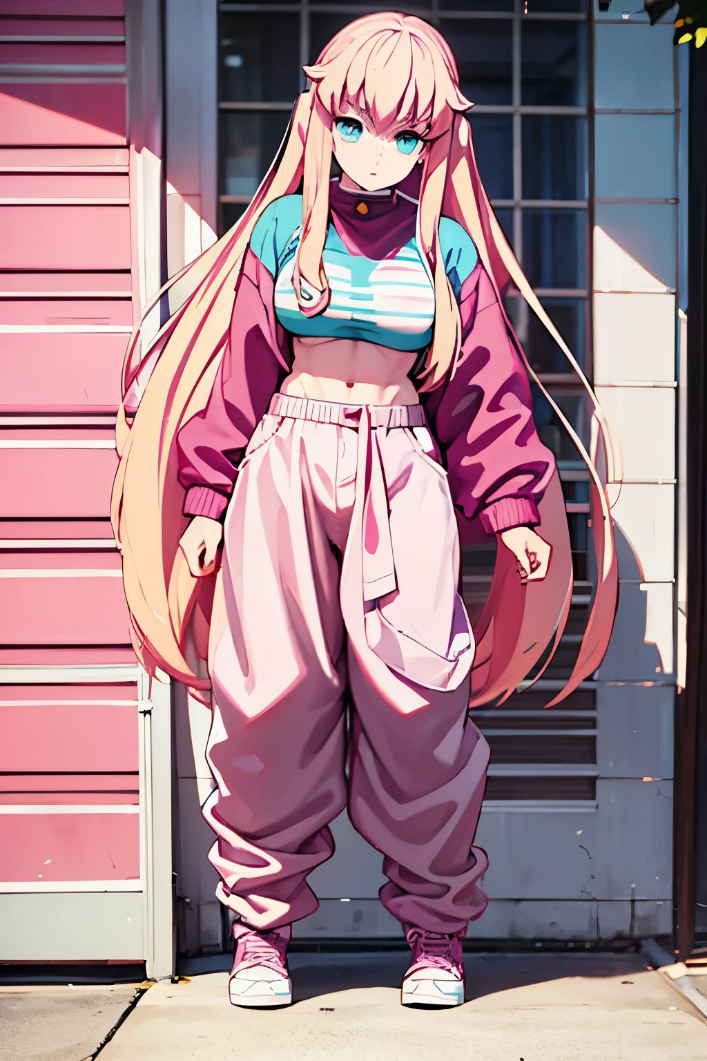 Create a full-body anime female with H cup breasts wearing pink baggy pants and a pink long-sleeved shirt. 