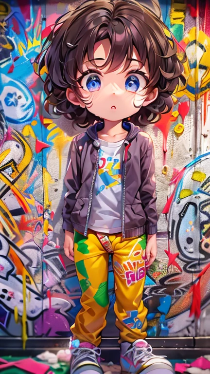 Cartoon kids, Similar to a Disney prince, Dark brown hair, curly, Very cute, Colorful painting (((Graffiti art) (By Karen Griffiths))), Crazy detail, Intricate details, Super detailed, Cinematic soft lighting, Exposure Blending, HDR 8k, Saturated colors in the foreground、 Place a used condom in front of you、Dripping white liquid from the crotch、(Focus on the crotch)
