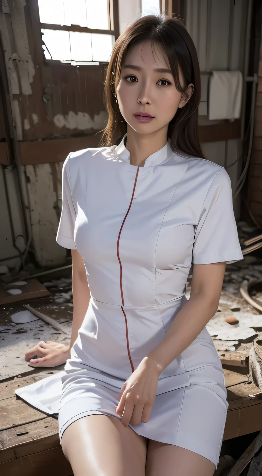 ((Best Quality, 8k, Masterpiece 35mm lens, Highly realistic photos, High resolution, Detailed face, Detailed skin, masterpiece)), Natural Light, (beautiful Japanese female nurse), (tight fit realistic nurse uniform dress:1.5), (abandoned in an abandoned factory:1.3), lying on the floor, lying on the back, 40 years old, Petite, small, very thin, Narrow waist, Thin face, eyes seeing the lens, (だらしなく脚を開いて:1.5), (White Panty:1.2),  