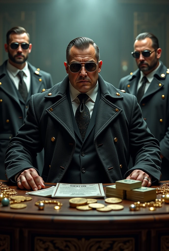 a fat  as mafia boss in black trench with dark sunglasses, accompany by a bunch of bodyguards, behind desk full of money and jewelry, intricate detailed