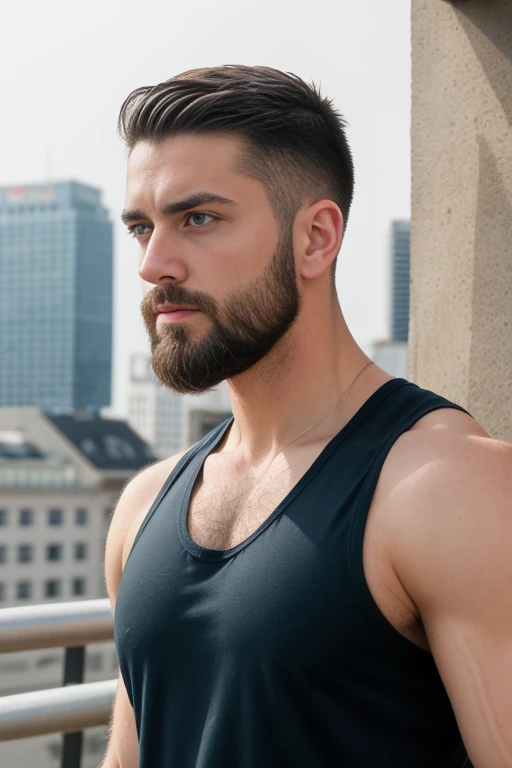 1man, 
a 30 y.o muscular male, small beard, gloomy eyes, blue eyes, undercut haircut, concentrated expression, wearing a tank top, in a roof top
soft lighting, 
masterpiece, best quality, 8k uhd, dslr, film grain, Fujifilm XT3 photorealistic painting art by midjourney and greg rutkowski