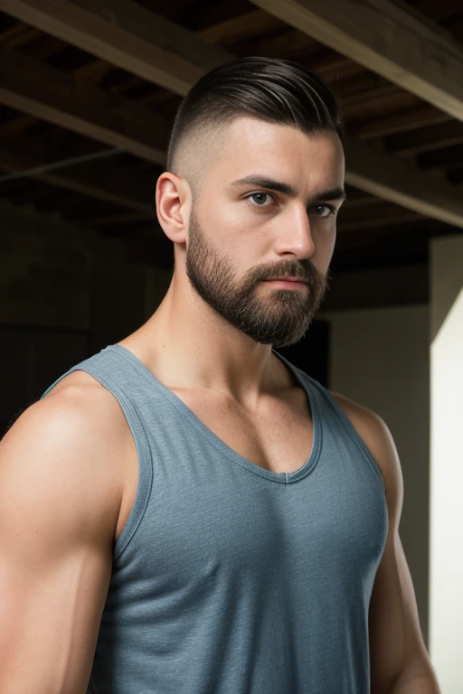 1man, 
a 30 y.o muscular male, small beard, gloomy eyes, blue eyes, undercut haircut, concentrated expression, wearing a tank top, in a roof top
soft lighting, 
masterpiece, best quality, 8k uhd, dslr, film grain, Fujifilm XT3 photorealistic painting art by midjourney and greg rutkowski