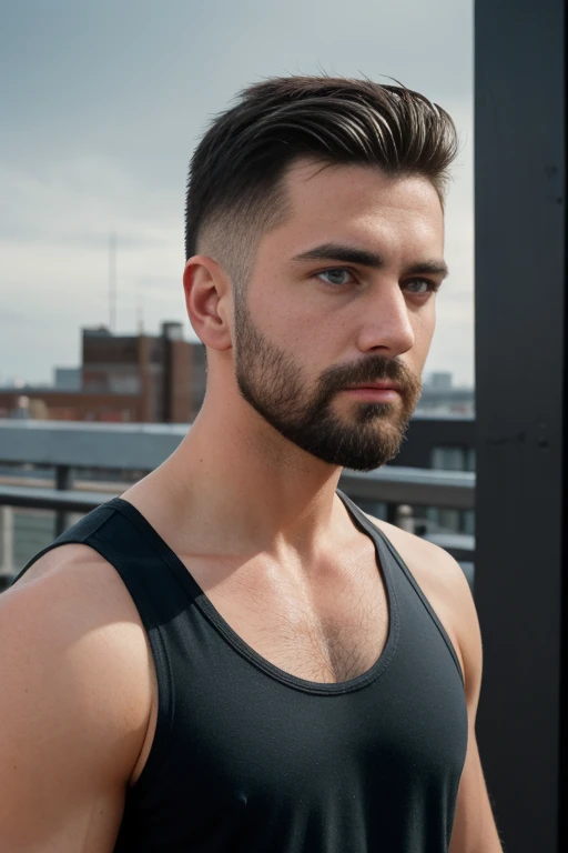 1man, 
a 30 y.o muscular male, small beard, gloomy eyes, blue eyes, undercut haircut, concentrated expression, wearing a tank top, in a roof top
soft lighting, 
masterpiece, best quality, 8k uhd, dslr, film grain, Fujifilm XT3 photorealistic painting art by midjourney and greg rutkowski