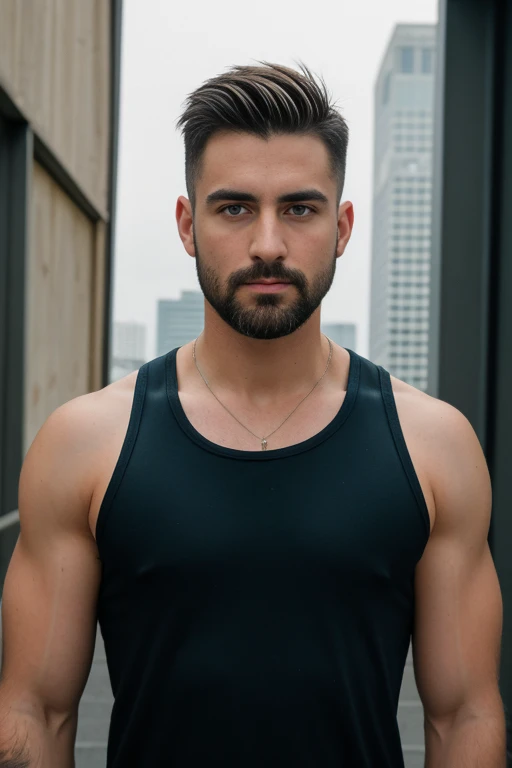 1man, 
a 30 y.o muscular male, small beard, gloomy eyes, blue eyes, undercut haircut, concentrated expression, wearing a tank top, in a roof top
soft lighting, 
masterpiece, best quality, 8k uhd, dslr, film grain, Fujifilm XT3 photorealistic painting art by midjourney and greg rutkowski