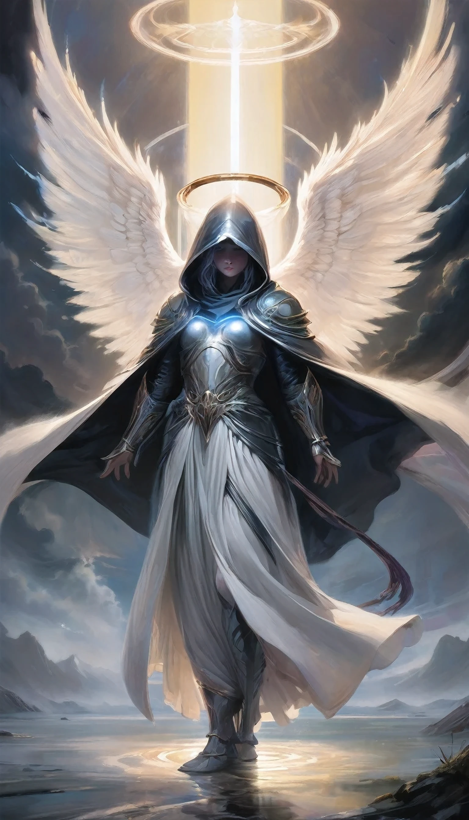 A majestic, hooded figure stands with large, outstretched wings, enveloped in a soft glow. The figure holds a sword and wears a flowing robe, which contrasts with the dark armor underneath. A halo floats above its head, and ethereal light breaks through a cloudy background, creating an otherworldly atmosphere. The overall scene evokes a sense of power and divine presence.