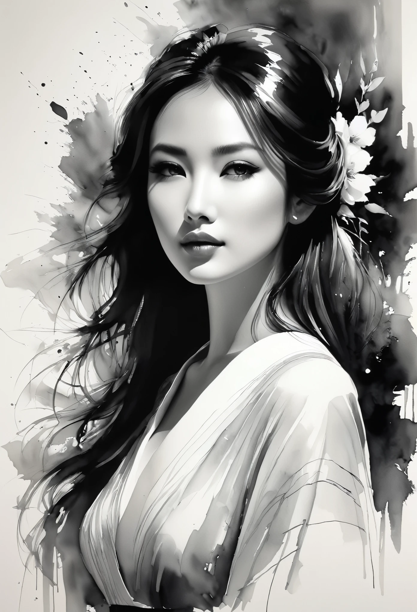 elegant maiden,Black and white水墨画,loose brushstrokes,The pen outlines delicate lines,fluid action,subtle ink tones,elegant posture,A peaceful expression,Delicate facial features,Black and white,clean