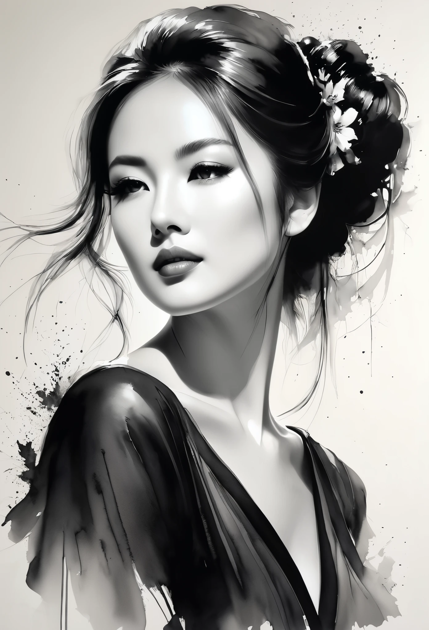 elegant maiden,Black and white水墨画,loose brushstrokes,The pen outlines delicate lines,fluid action,subtle ink tones,elegant posture,A peaceful expression,Delicate facial features,Black and white,clean