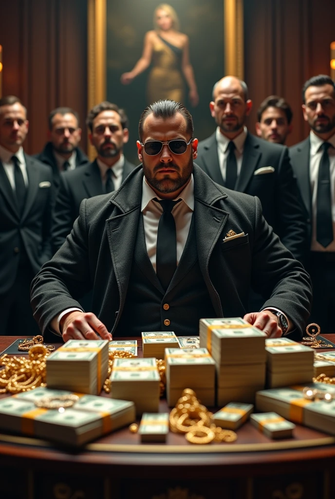 a little fat chubby mafia boss in black trench with dark sunglasses, accompany by a bunch of bodyguards, behind desk full of money and jewelry, intricate detailed