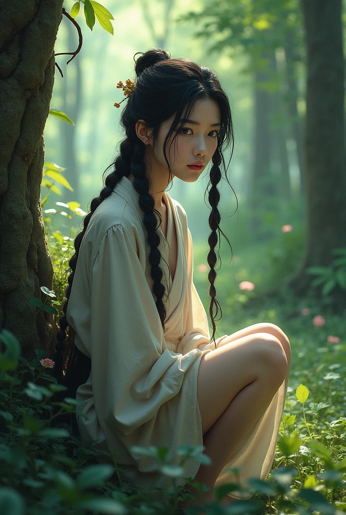 Realistic photos、Pay attention to the face of the cute idol high school girl、18r 、nsfw、Perfect Image、extra limbs、missing limb、extra digit、fewer digit、mutated hands and fingers、Beautiful woman、Wind Spirit、(((silver)))、Long Hair 、I'm braided、Completely naked、Her chest is exposed、Sitting on a tree playing with the birds、In the deep green forest、(((Legs spread)))、Soft Light、Morning mist hangs