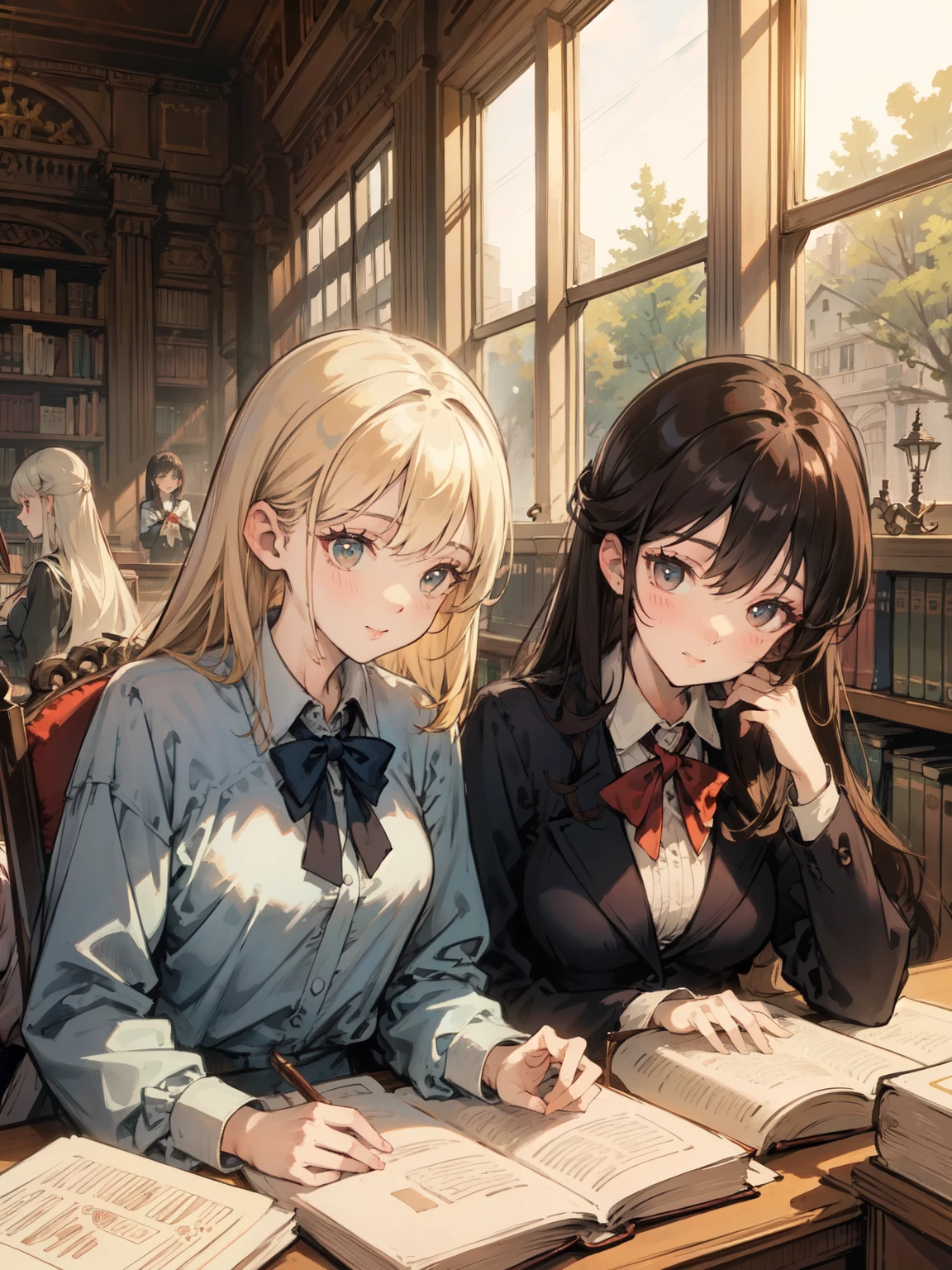 Top quality, masterpiece, 8k, (2 girls: 1.3), beautiful girl, high school, reading, library, window, desk,