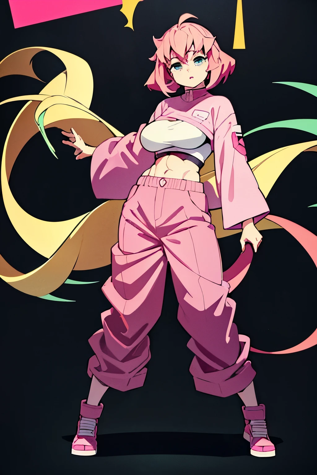 Create a full-body anime female with H cup breasts wearing pink baggy pants and a pink long-sleeved shirt. 