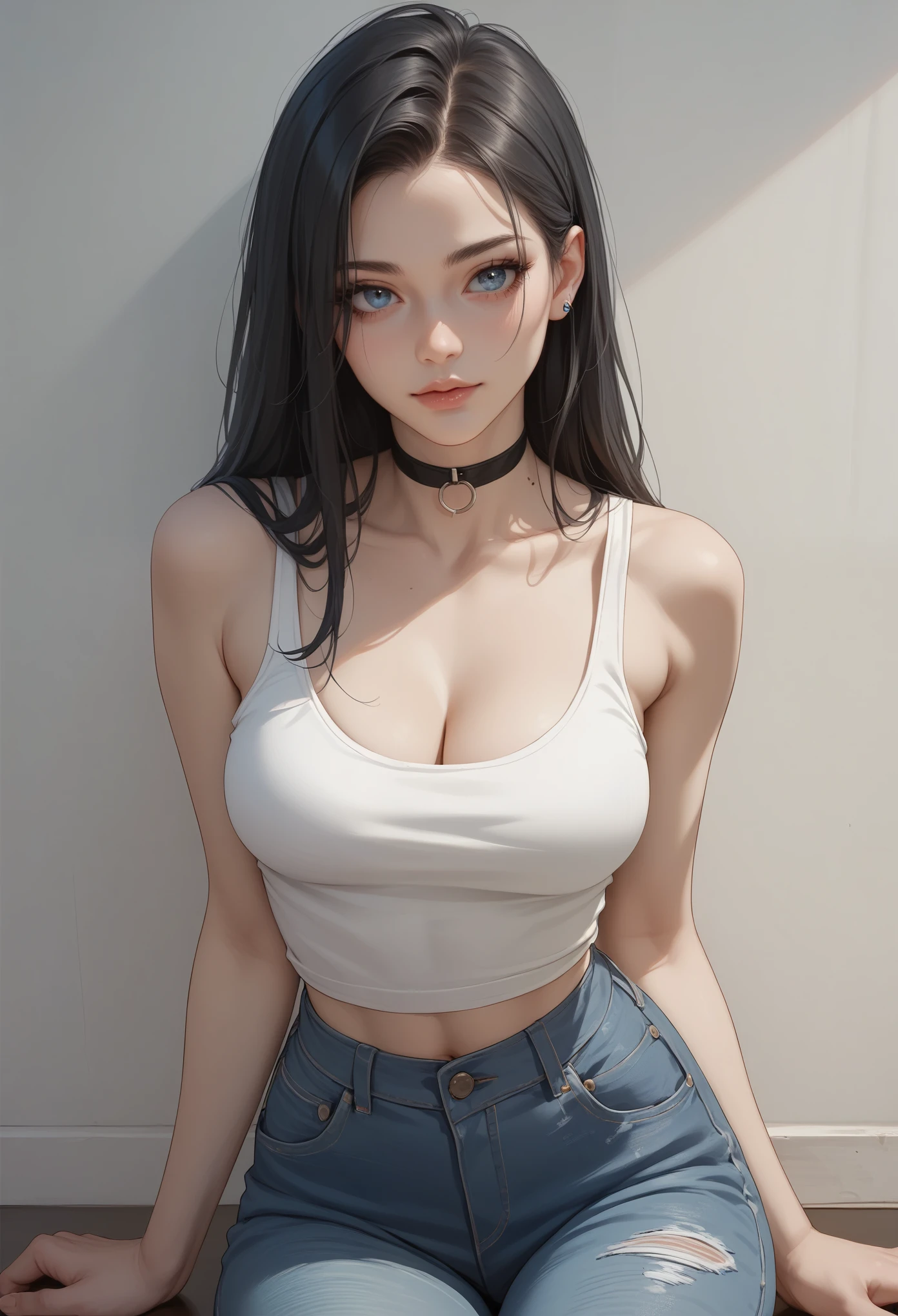 1girl, long black hair, Sharp pale blue eyes, sexy, stoic expression, white tank top, choker, cleavage, perfect body, denim jeans, jewelry, seductive pose