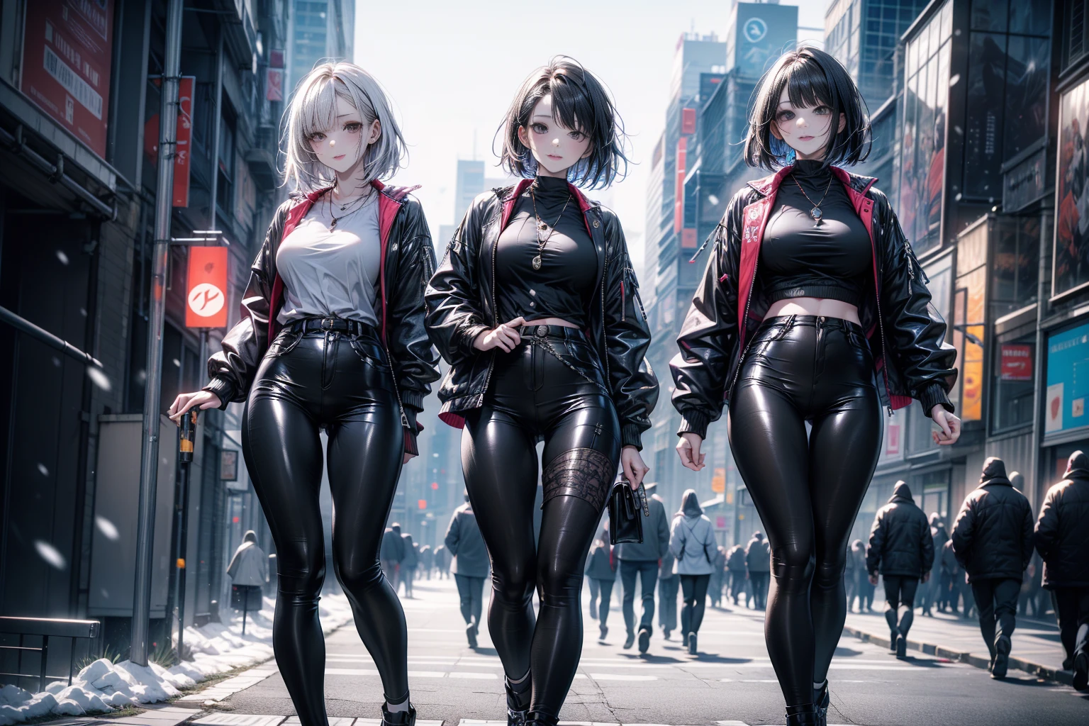 corpo bonito, cara bonita, 3 meninas juntas, menina mais velha, Cabelos ruivos claros, olho, chain around neck, ombros, moletom, legging pants, peito grande, barriga, cintura fina, pernas grossas, coxas grossas, Background scenario randomly looking at the viewer