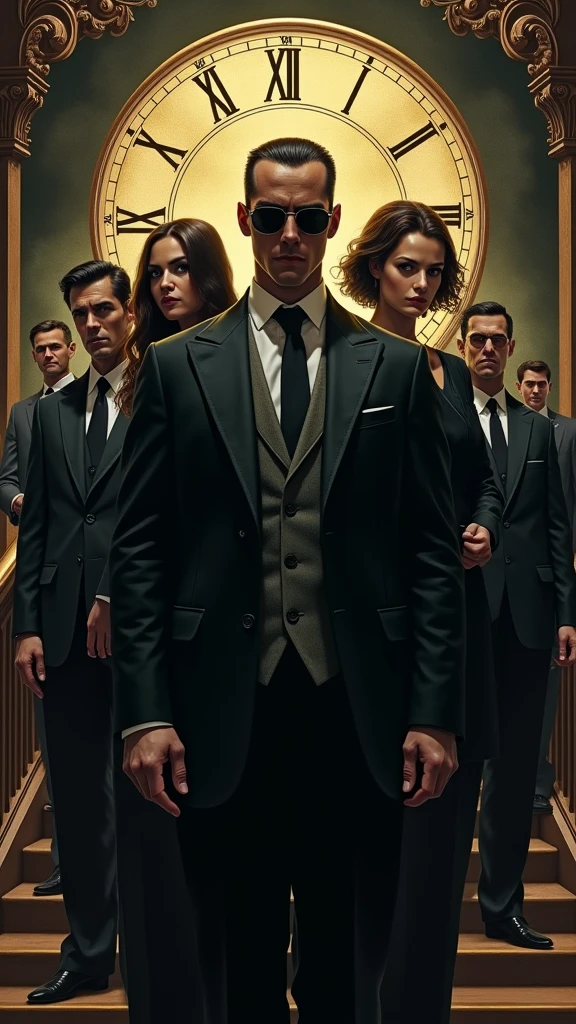  cinematic, dramatic digital illustration depicting the Mafia Boss's stylishly tailored entourage, set in a film noir-inspired atmosphere with clockwork precision and occult symbolism, conveying their sophisticated, calculating, and menacing presence.