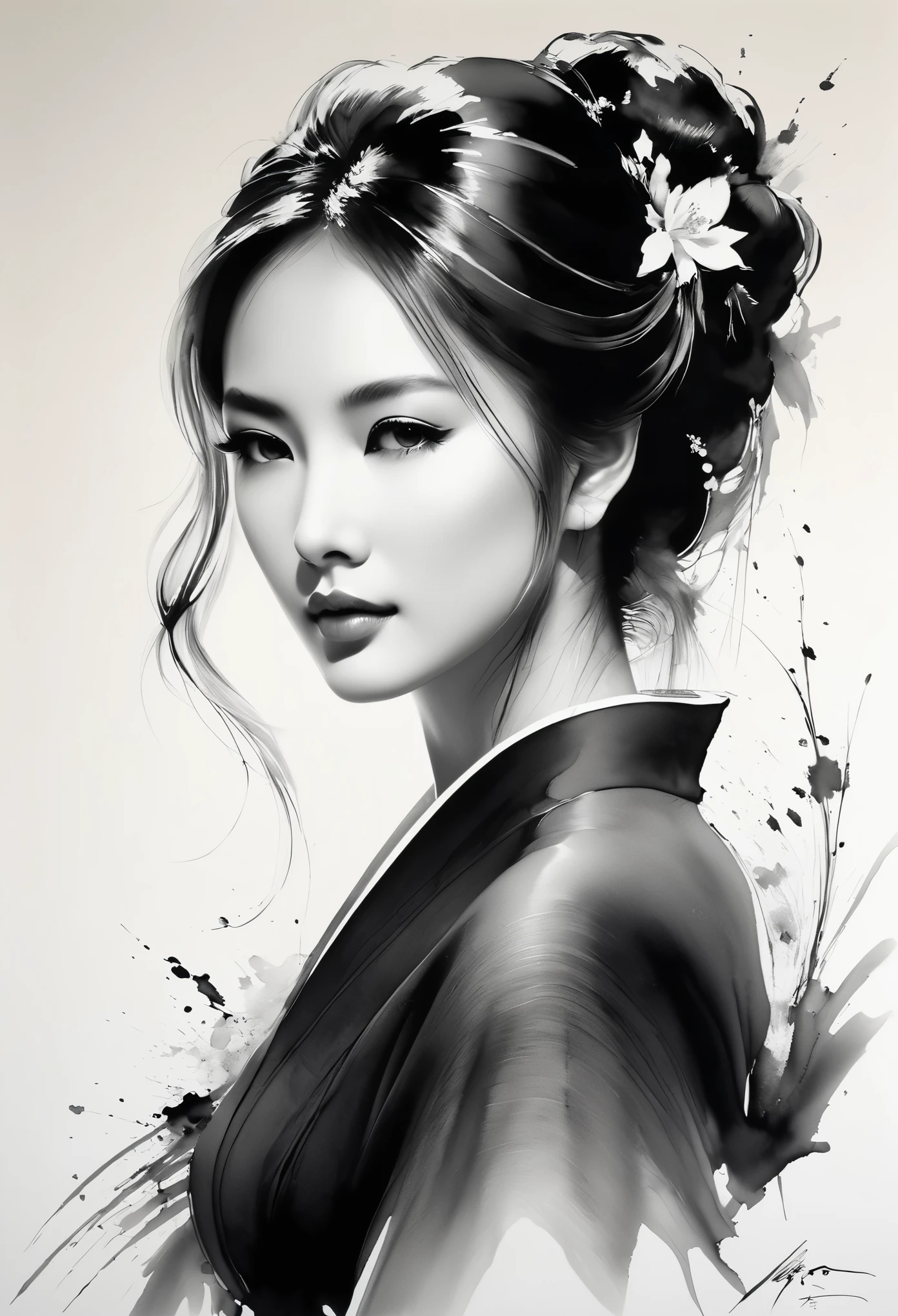 elegant maiden,Black and white水墨画,loose brushstrokes,The pen outlines delicate lines,fluid action,subtle ink tones,elegant posture,A peaceful expression,Delicate facial features,Black and white,clean