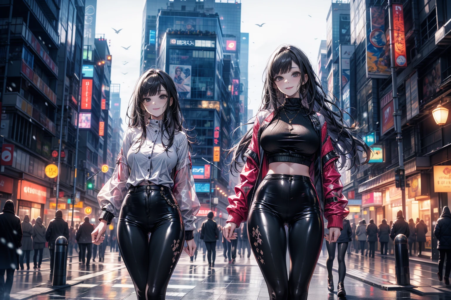 ((Realistic lighting, Best quality, 8K, Masterpiece: 1.3)), Clear focus: 1.2, 1girl, Perfect Figure: 1.4, Slim Abs: 1.1, ((Dark brown hair)), (White crop top: 1.4), (Outdoor, Night: 1.1), City streets, Super fine face, Fine eyes, Double eyelids,