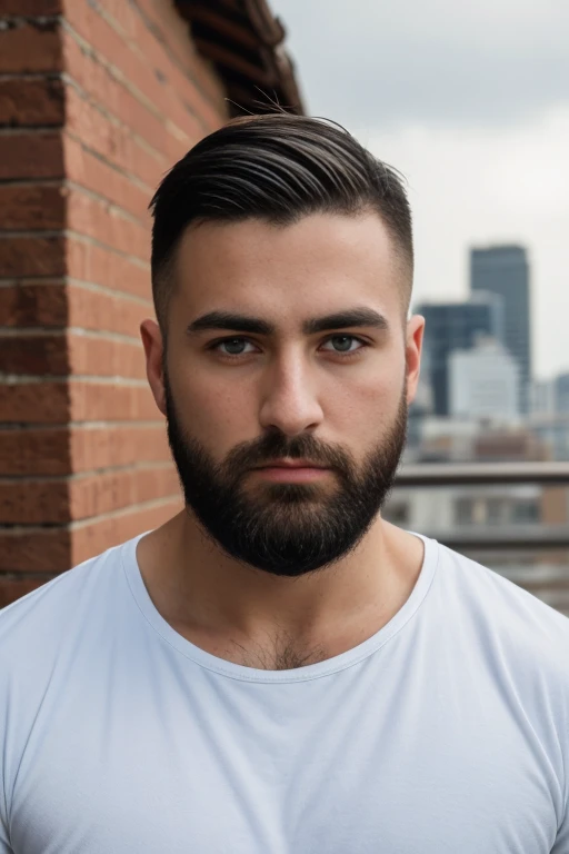 1man, 
a 30 y.o muscular male, small beard, gloomy eyes, blue eyes, undercut haircut, concentrated expression, wearing a shirt, in a roof top
soft lighting, 
masterpiece, best quality, 8k uhd, dslr, film grain, Fujifilm XT3 photorealistic painting art by midjourney and greg rutkowski