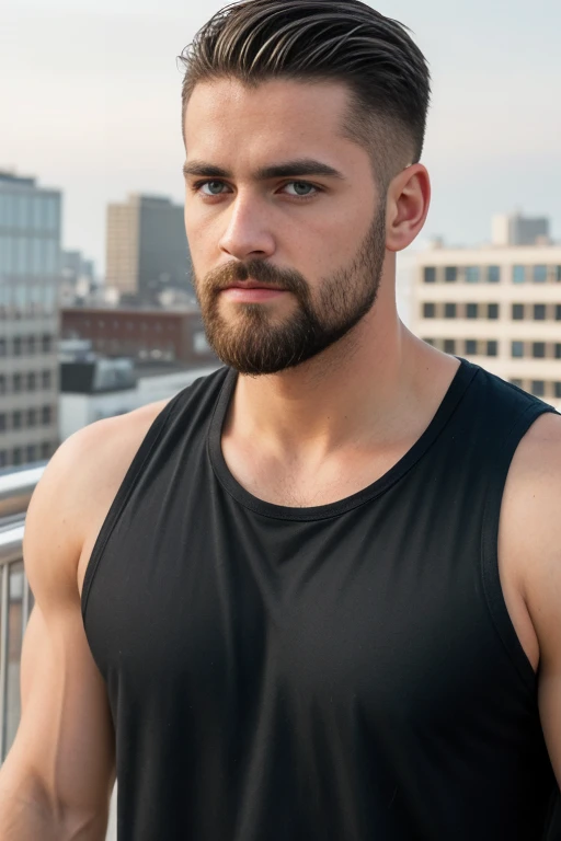 1man, 
a 30 y.o muscular male, small beard, gloomy eyes, blue eyes, undercut haircut, concentrated expression, wearing a shirt, in a roof top
soft lighting, 
masterpiece, best quality, 8k uhd, dslr, film grain, Fujifilm XT3 photorealistic painting art by midjourney and greg rutkowski