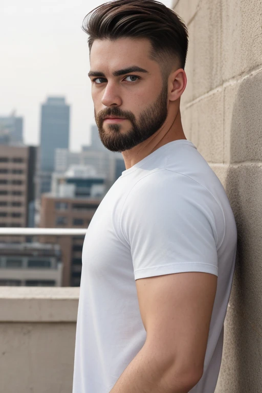 1man, 
a 30 y.o muscular male, small beard, gloomy eyes, blue eyes, undercut haircut, concentrated expression, wearing a shirt, in a roof top
soft lighting, 
masterpiece, best quality, 8k uhd, dslr, film grain, Fujifilm XT3 photorealistic painting art by midjourney and greg rutkowski