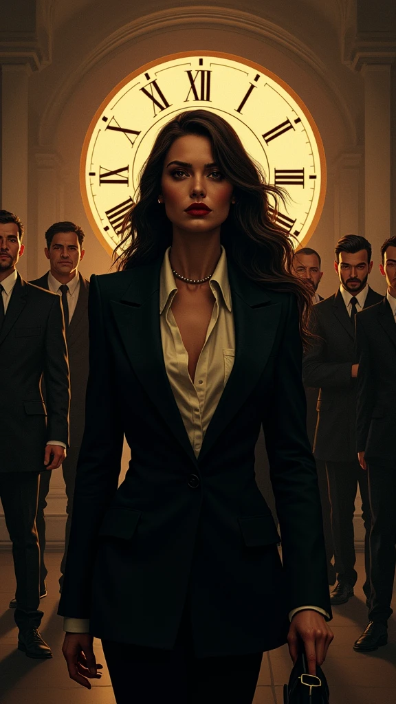 A cinematic, dramatic digital illustration depicting the Mafia Boss's stylishly tailored entourage, set in a film noir-inspired atmosphere with clockwork precision and occult symbolism, conveying her sophisticated, calculating, and menacing presence.